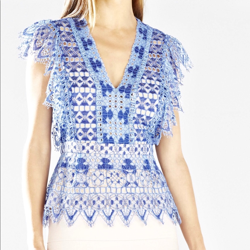 BCBGMAXAZRIA Flutter Sleeve Lace Top